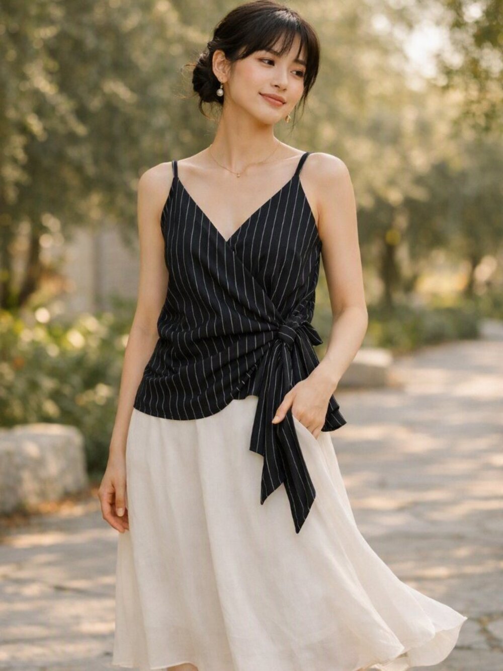 Cotton Candy LA Black with White Stripe Wrap Style Top Size S